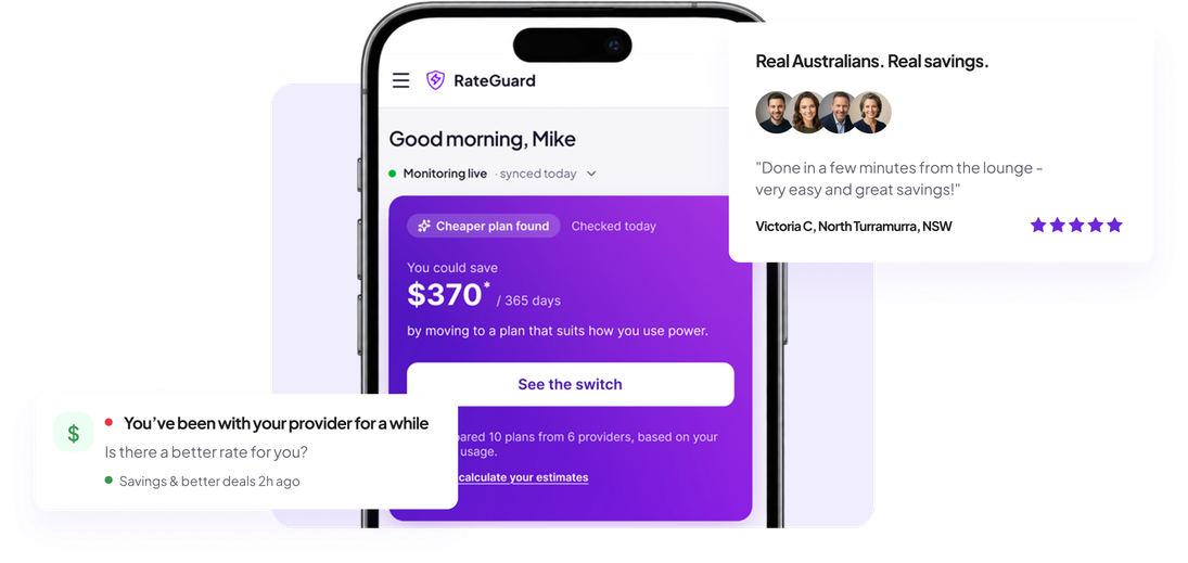 RateGuard dashboard on a phone with a Real Australians testimonial card and a provider notification