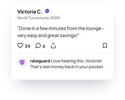 Customer testimonial from Victoria C. with a RateGuard reply
