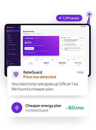 RateGuard dashboard with a savings badge and price rise notifications
