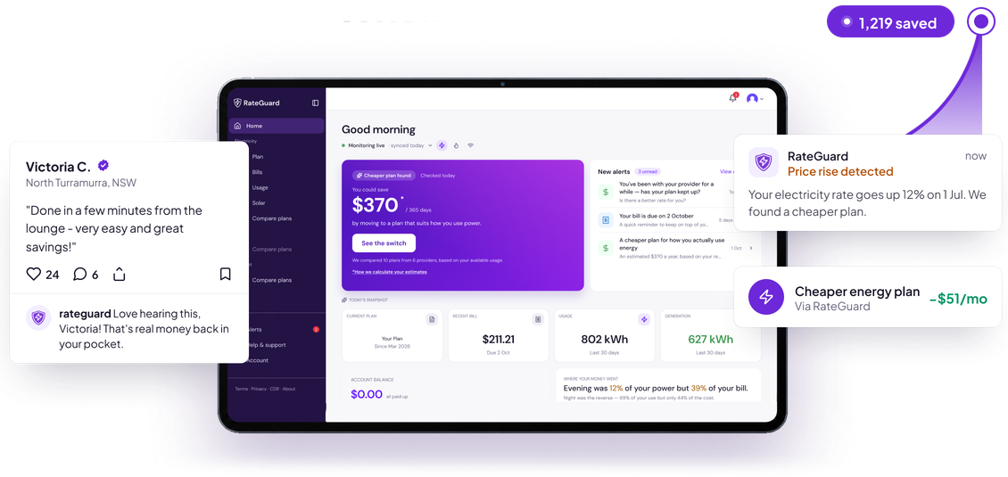 RateGuard dashboard with a customer testimonial and savings notifications